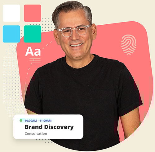 photograph of a man surrounded by branding graphic elements<br />
 