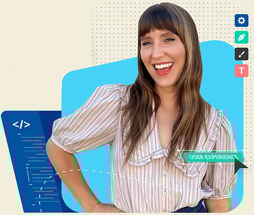 Photograph of a woman with web design graphics